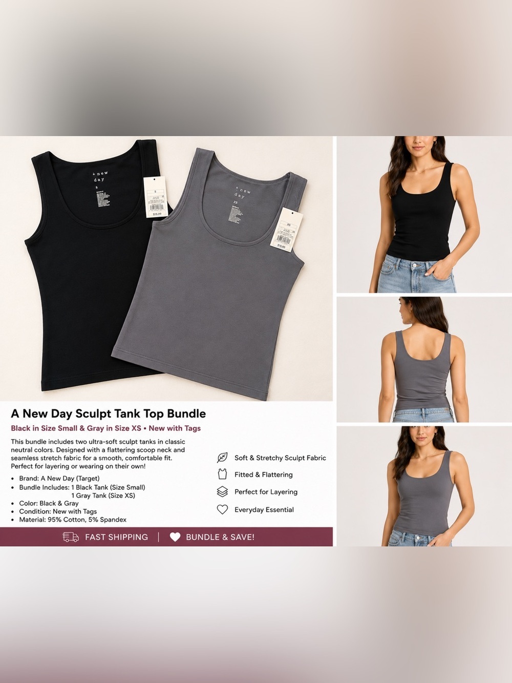A New Day Sculpt Tank Top Bundle Black Small & Gray XS NWT Seamless Scoop Neck